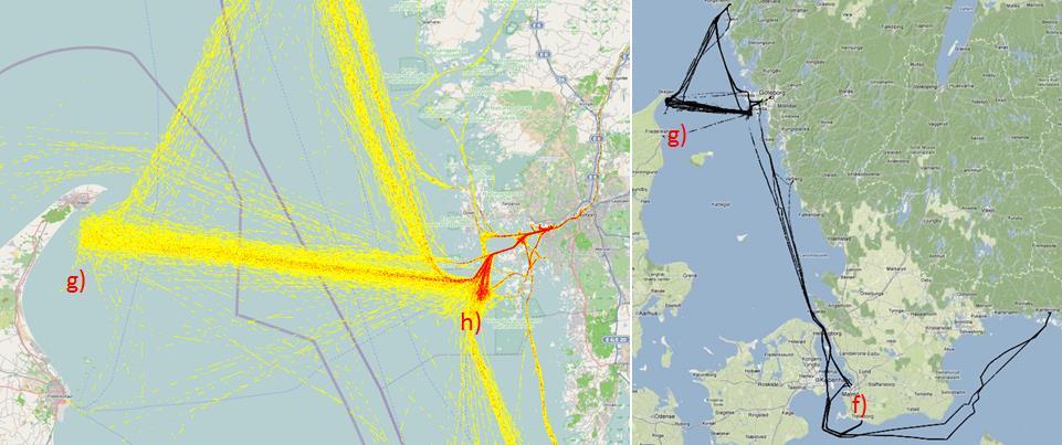 Ev spill drivs av Jutska strömmen och mot svensk kust. Mycket (Grön) bunkring till sjöss utanför Göteborg.