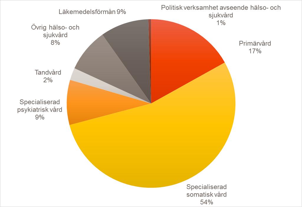Kalmar län mellan olika vårdnivåer och områden visar att specialiserad somatisk vård utgör drygt 57 % av kostnaderna, primärvården knappt 18 %, och specialiserad psykiatrisk vård 8 % 31.