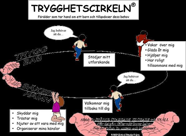 Figur 1. Trygghetscirkeln. ( www.psykologiguiden.se. u.å.) Den övre delen av cirkeln visar barnets självständighet och dess behov att erövra och utforska.