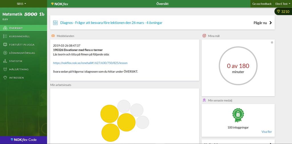 1.9 Så hittar eleverna meddelandet och diagnosen Nu kan eleverna se på ÖVERSIKT-sidan vad de ska göra före lektionen.