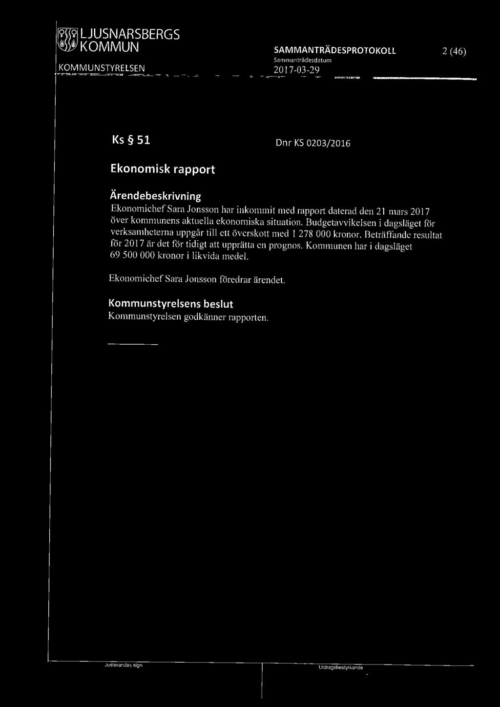 mw1 LJUSNARSBERGS 2 (46) Sammanträdesd atum Ks 51 Dnr KS 0203/2016 Ekonomisk rapport