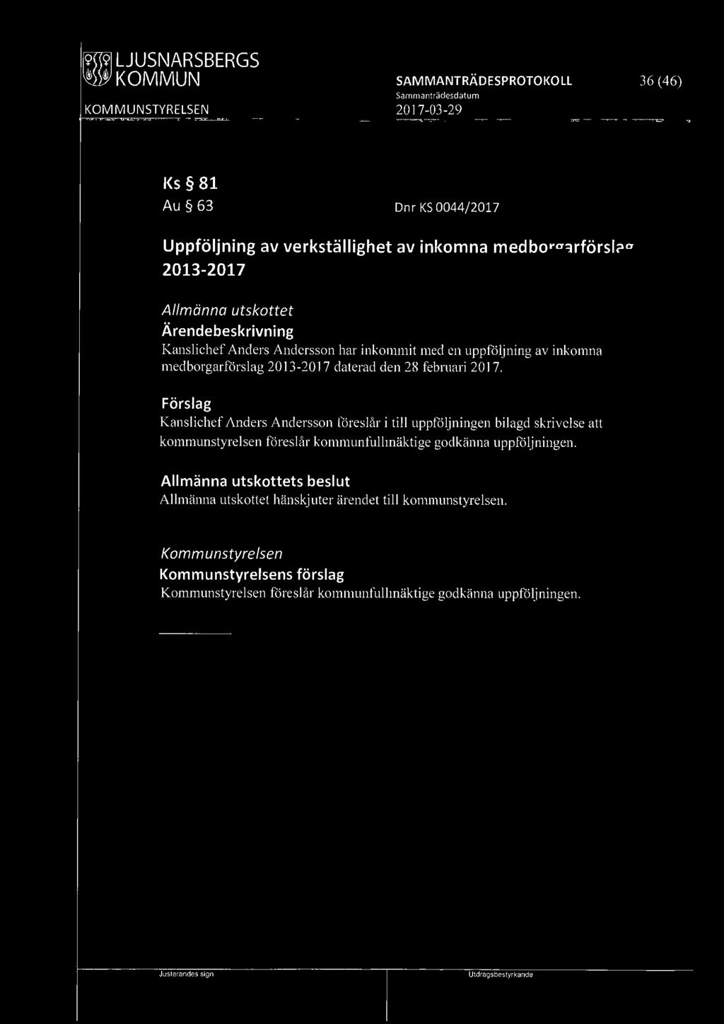 uppföljning av inkomna medborgarförslag 2013-2017 daterad den 28 februari 2017.