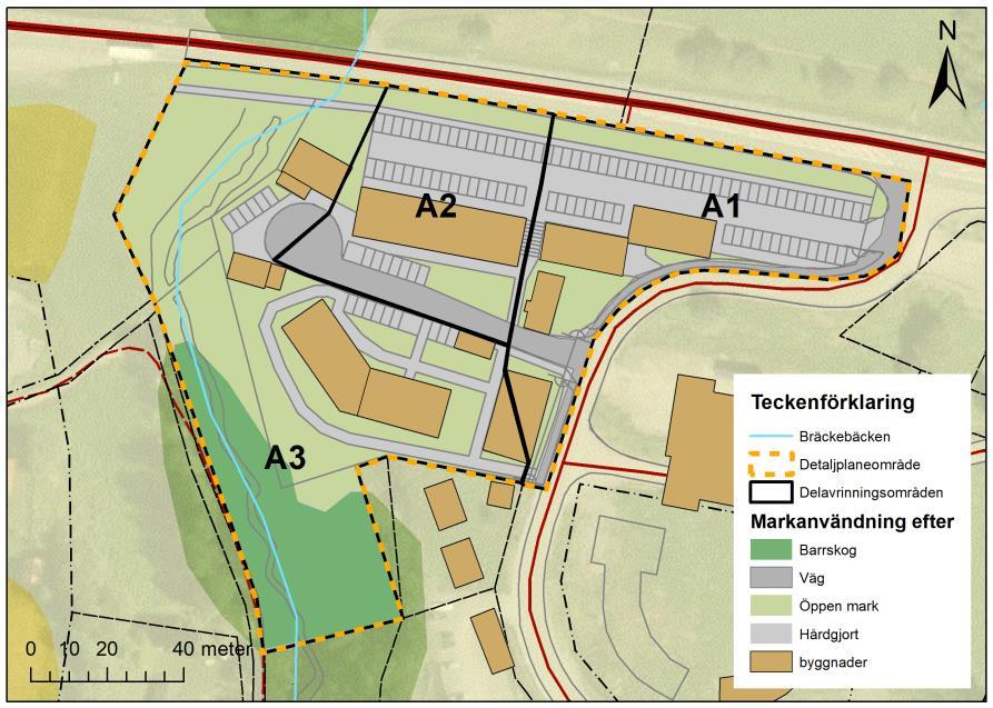 I den norra delen av planområdet, närmast E14 öster om Bräckebäcken kommer en stor parkeringsplats att anläggas. Söder om denna kommer fem flerbostadshus med en till två suterrängvåningar att byggas.