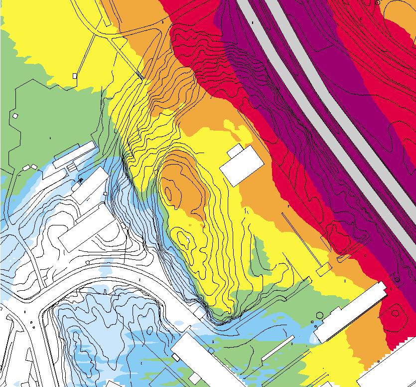 Uppdrag/Rapport Nr: 3 (8) Figur 2 Dygnsekvivalent ljudnivå i dba inom området Beräkningar av nuvarande och framtida förhållanden grundas på trafik motsvarande 50 000 fordon/dygn och 8% tung trafik.