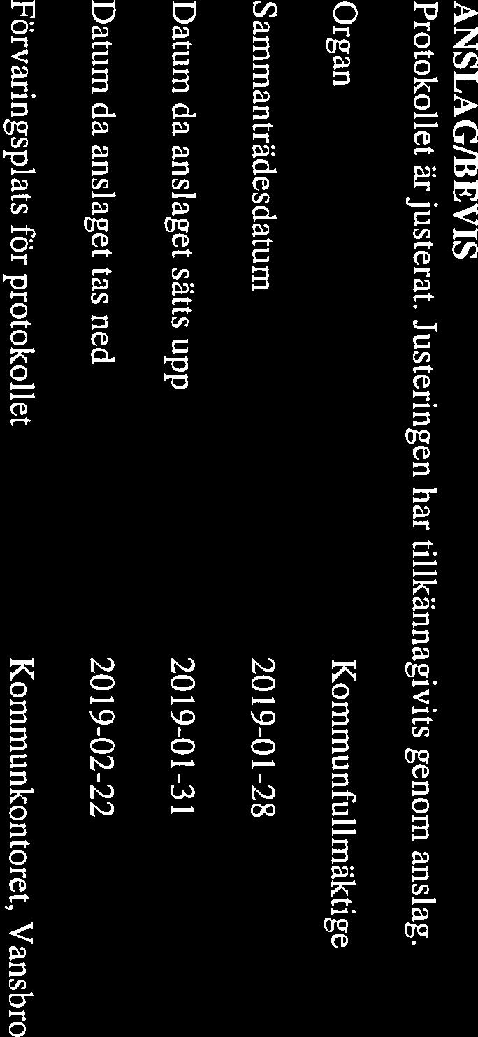 Vansbro Protokoll ANSLAG/BEVIS Protokollet ärjusterat. Justeringen har tillkännagivits genom anslag.