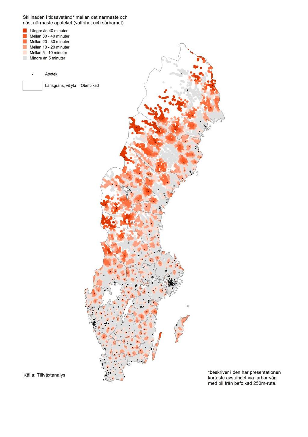 Figur 5 Skillnaden i tidsavstånd mellan det