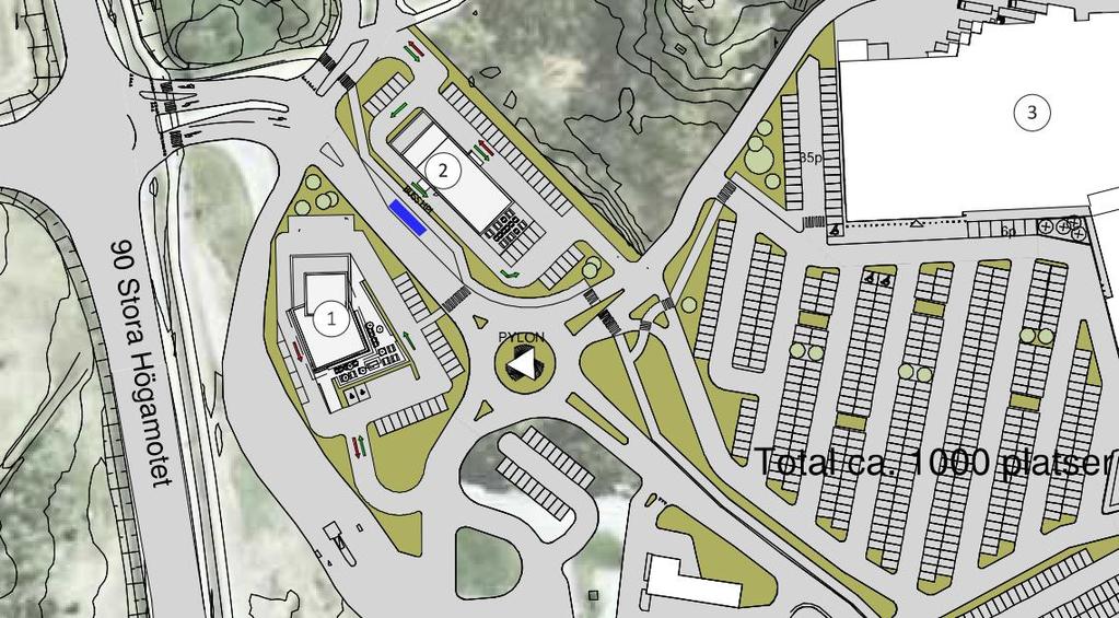 Ingen busstrafik ansluter därmed till handelsplatsens södra entrétorg. Detta för att undvika längre säckkörning för den busslinje som i framtiden kommer att trafikförsörja handelsplatsen.