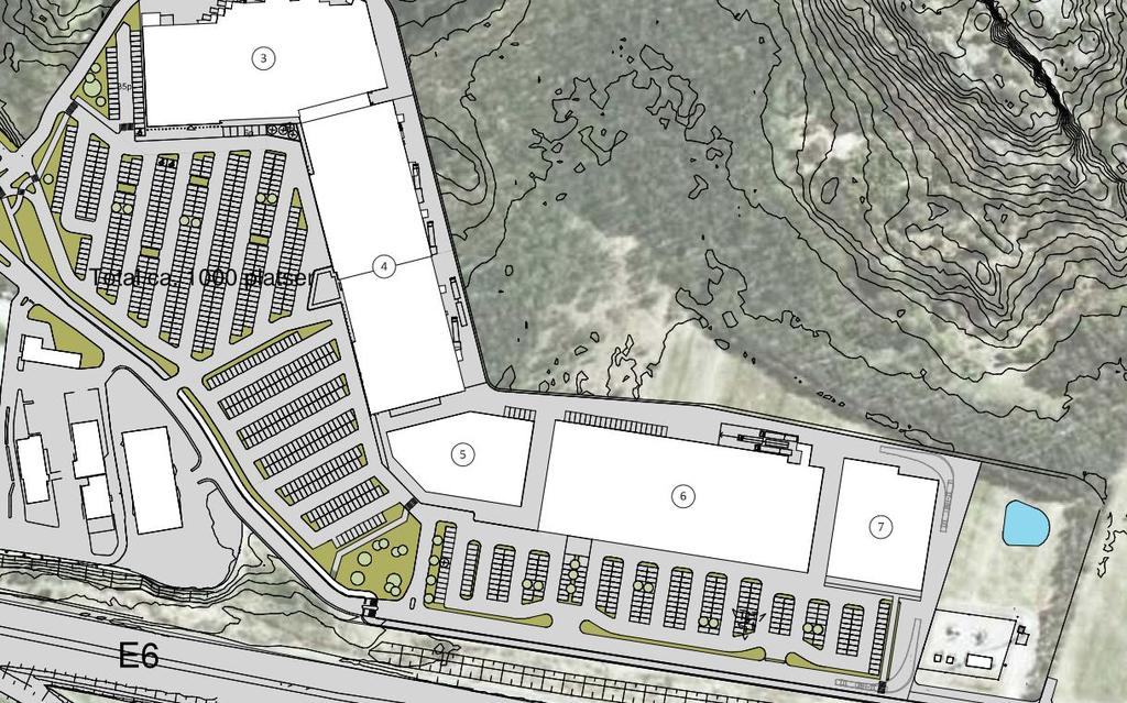 parkeringsdelar vid de restauranger som föreslås i norr. Personalparkering föreslås utmed distributionsgatan.