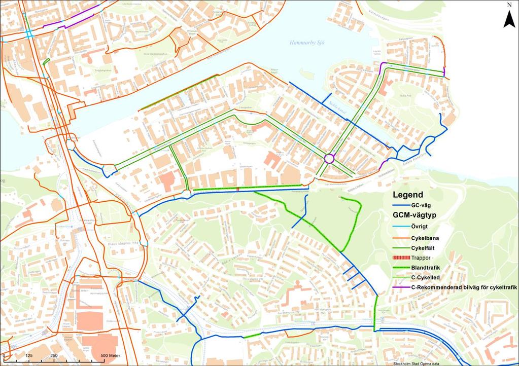 4.3 VÄGNÄT CYKELTRAFIK Dagens cykelnät visas i Figur 7. Figur 7. Cykelvägnät idag. Längs Hammarbyvägens södra sida går idag ett pendlingsstråk för cyklister.