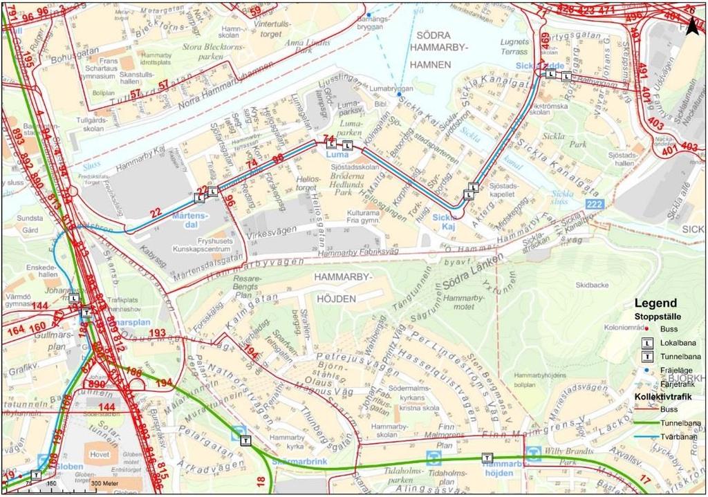 4.4 VÄGNÄT KOLLEKTIVTRAFIK Dagens kollektivtrafik i området framgår av Figur 9. I kartan visas även båthållplatsläge för båtpendling. Figur 9. Kollektivtrafik nuläge Källa: TRF mm.