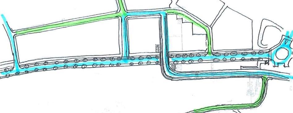 Figur 31. 1B klassificering vägnät, där blått är huvudgata och grönt lokalgata. Korsningarna antas kunna utformas så att köer minimeras.