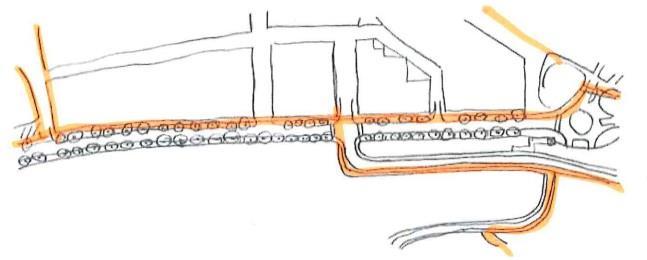7.2 VÄGNÄT CYKELTRAFIK Följande cykelnät föreslås i 1E: Figur 38. Plan 1E med separerad cykel i orange. Pendlingsstråket går längs Hammarbygatan.