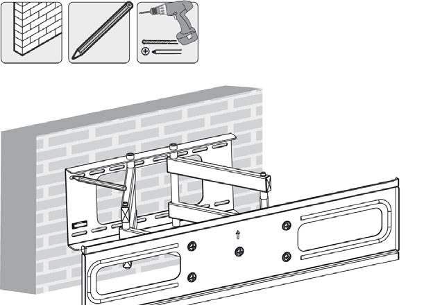 POLSKI MONTAŻ Montaż na ścianie betonowej lub ceglanej Zaznacz rozmieszczenie otworów montażowych Wywierć otwory Przykręć płytę ścienną do ściany. Strzałka powinna być skierowana w górę OSTRZEŻENIE!