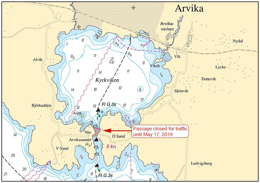 2019-04-18 12 Nr 751 Vänern och Trollhätte kanal * 13925 (T) Sjökort: 134 Sverige. Vänern och Trollhätte kanal. S om Arvika. Kyrkviken - Glafsfjorden. Arvikasundet. Avlysning.