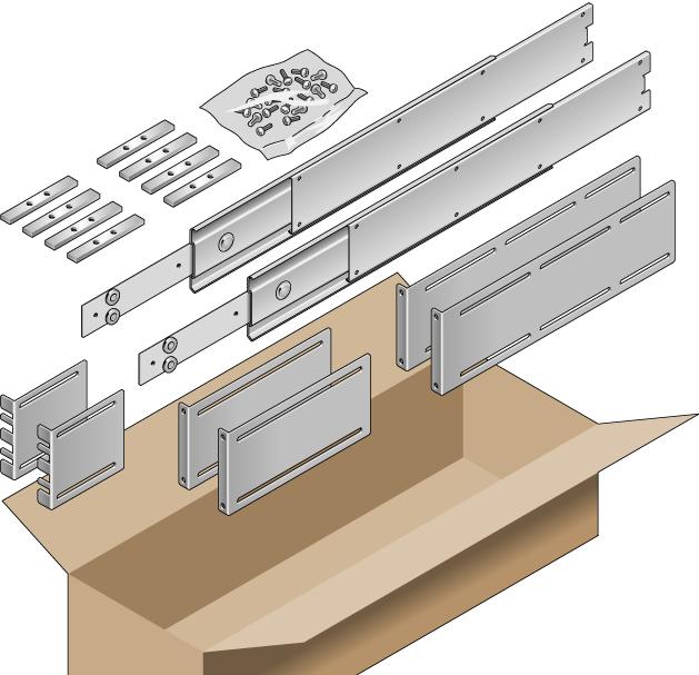 Skruvar Skensatser för telekom Gängade lister Korta monteringsskenor Förlängningskonsoler Långa monteringsskenor FIGUR 3-6 Innehåll i paketet för 19-tums 4-bensrack med skensats TABELL 3-3 Skruvar