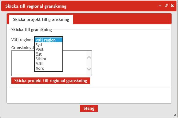 En grön ruta visar sig och meddelar Det gick bra att skicka projektet till regional granskning och du hamnar på startsidan i EVA. Samtidigt genereras epost automatiskt till berörda.