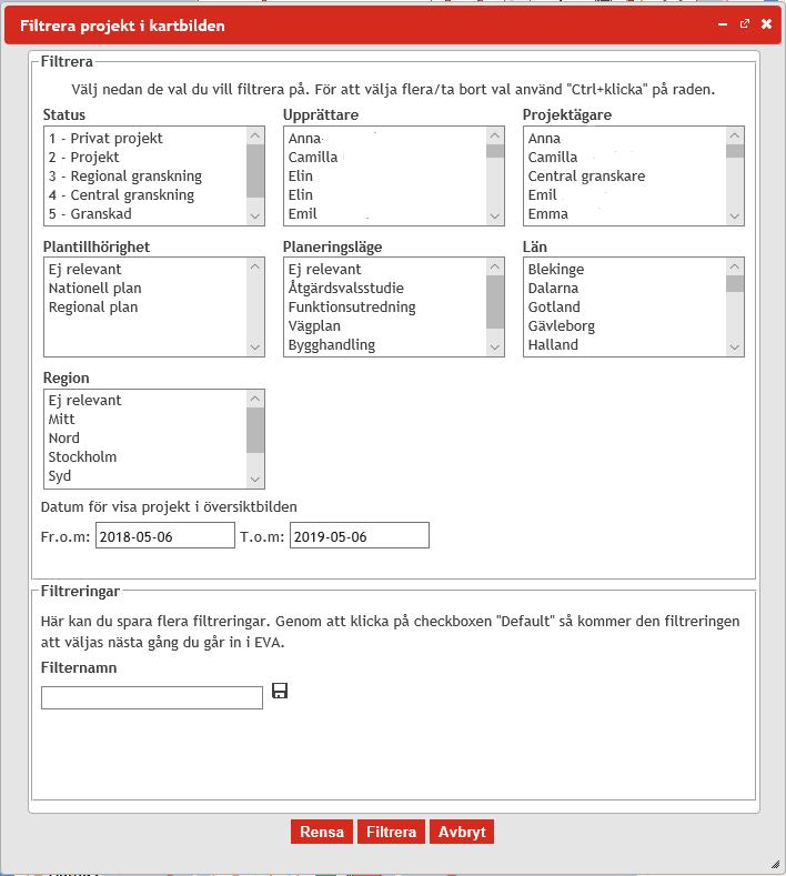 4.1.4. Filtrera projekt i kartbilden Med hjälp av detta verktyg kan du välja vilka objekt som ska visas i kartbilden genom att filtrera utifrån olika egenskaper.