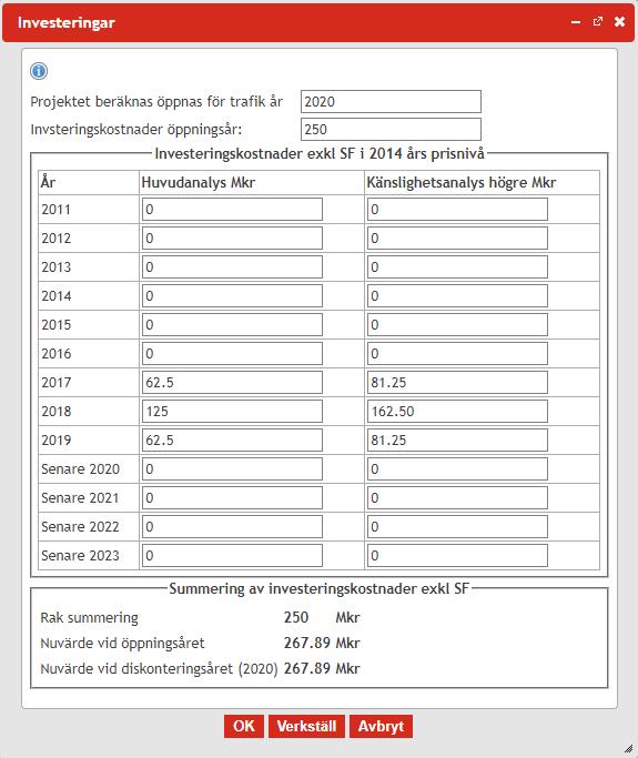 4.4.10. Investeringar I detta verktyg anges projektets investeringskostnader fördelat på ett eller flera byggår. Klicka på denna symbol eller använd snabbkommando Ctrl+I för att öppna denna funktion.