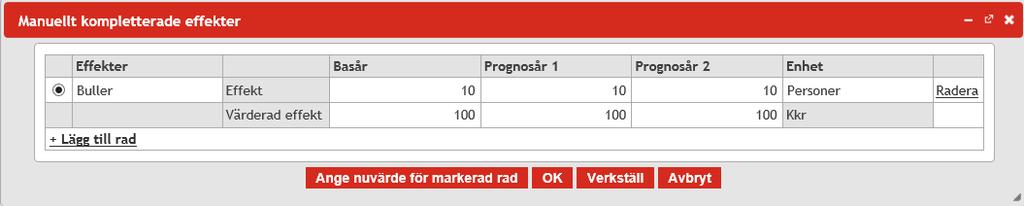 Tryck på Verkställ alternativt OK för att spara ändringarna. 4.4.11. Manuellt kompletterande effekter Du kan komplettera kalkylen med manuellt beräknade effekter i detta verktyg.