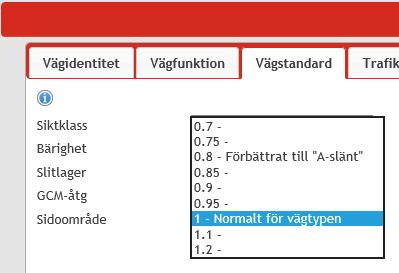 4.6.7.5. Sidoområde Sidoområdet anges i de flesta fall som Normalt för vägtypen, men det finns möjlighet att ange både bättre och sämre sidoområde än normalt för vägtypen.