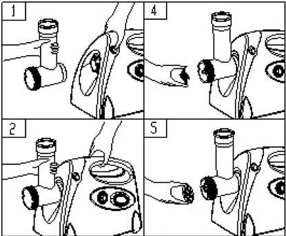 ENGLISH Assembly 1. Press down the lock button. Hold the tube with the feed hole and insert it in the opening (NB. the tube must be inclined as shown by the arrow on the top, see fig. 1). 2.