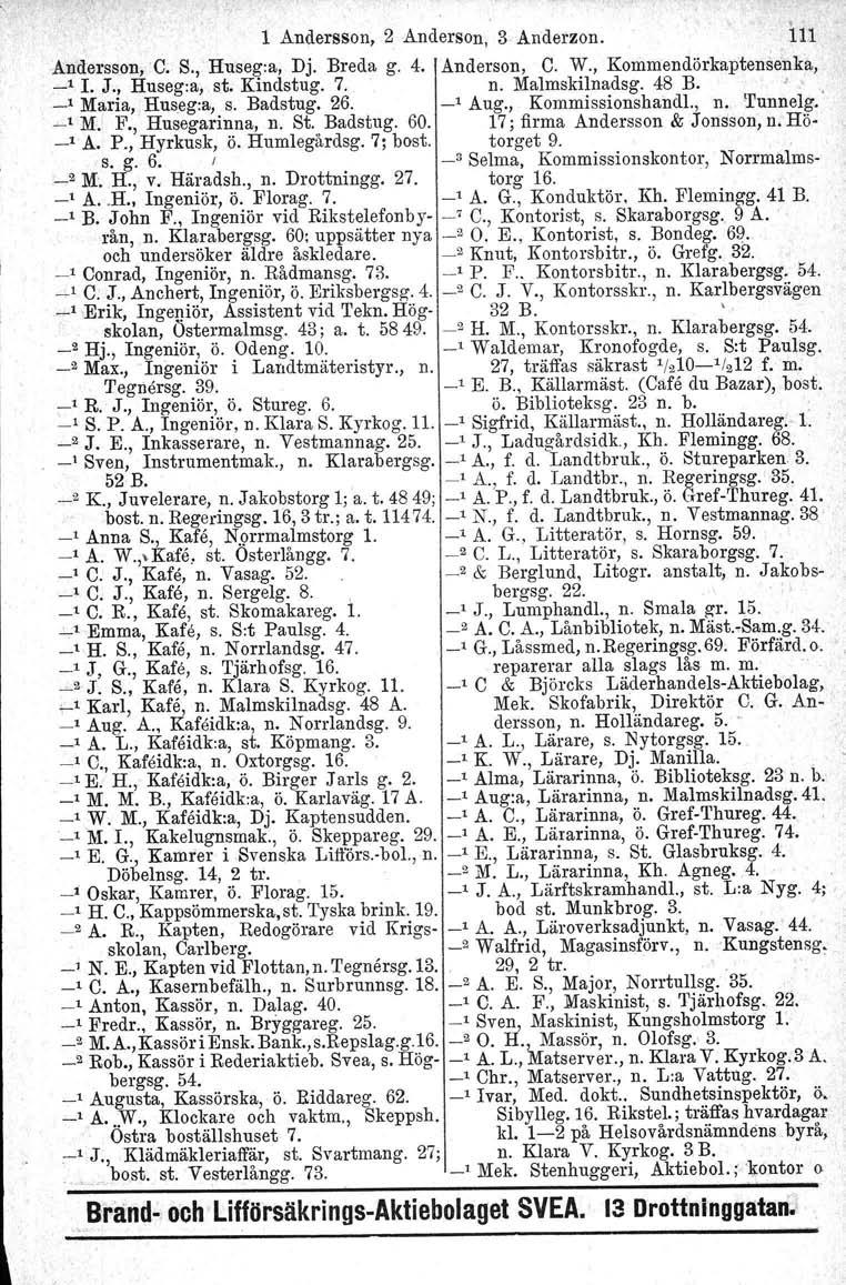 1 Andersson, 2 Anderson, 3 Anderzon. In åndersson, C. S., Huseg:a, Dj. Breda g. 4. Anderson, C. W., Kommendörkaptensenka, _1 I. J., Huseg:a, st. Kindstug. 7. n. Malmskilnadsg. 48 B. J _1 Maria, Huseg.