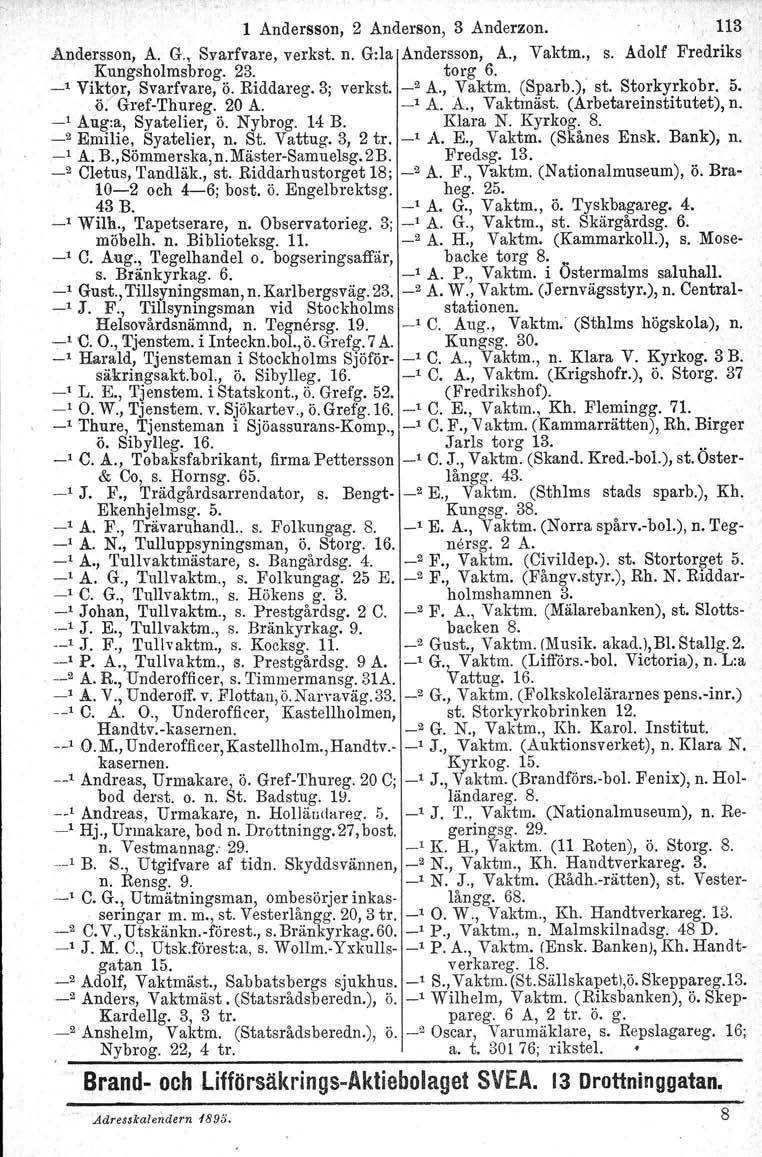 1 Andersson, 2 Anderson, 3 Anderzon. 113 Andersson, A. G., Svarfvare, verkst. n. G:la Andersson, A., Vaktm., s. Adolf Fredriks Kungsholrnsbrog. 23. torg 6. _1 Viktor, Svarfvare, Ö. Riddareg.