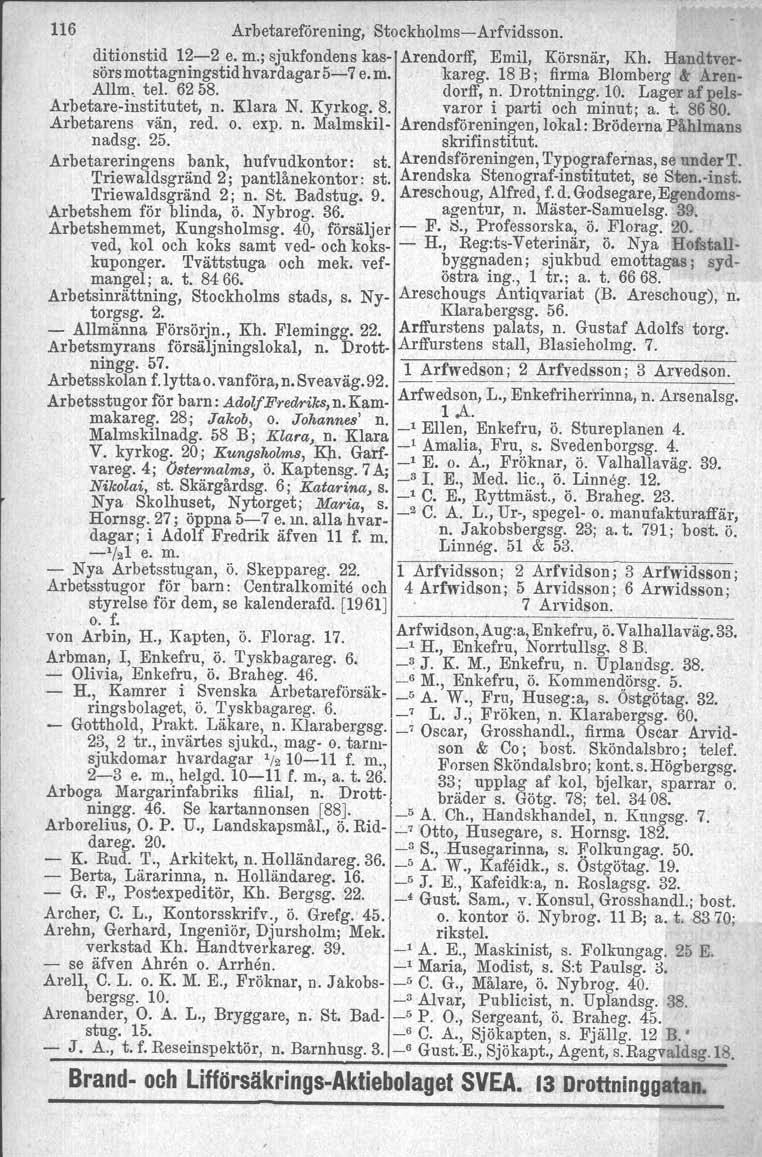 116 Arbetareförening, StockholmsArfvidsson. ditionstid 122 e. m.; sjukfondens kas Arendorff, Emil, Körsnär, Kh, Handtversörs mottagningstid hvardagar57 e.m. 'kareg.