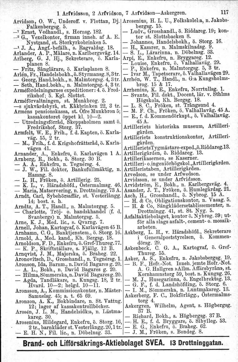 1 Arfvidsson, 2 Arfvidson, 7 ArfvidsonAskergren. 117 ~rvidson; O. W., Underoff. v. Flottan, Dj. \Arosenius, H. L. U., Folkskolel:a, n.jakobs..falkenbergsg. 5. bergsg. 15. _7 Ernst, Vedhandl., s.