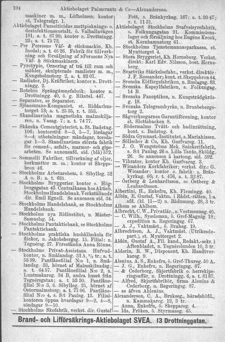 104 Aktiebolaget' Palmcrantz.& CoeÅlexanderson. maskiner m. st. Telegrafgr. m., 1. Löfholmen; kontor Pott, s. Bränkyrkag,.r. t. 1131. 167; a. t.30 47; Aktiebolaget Parasiticidas mattpisknings o.