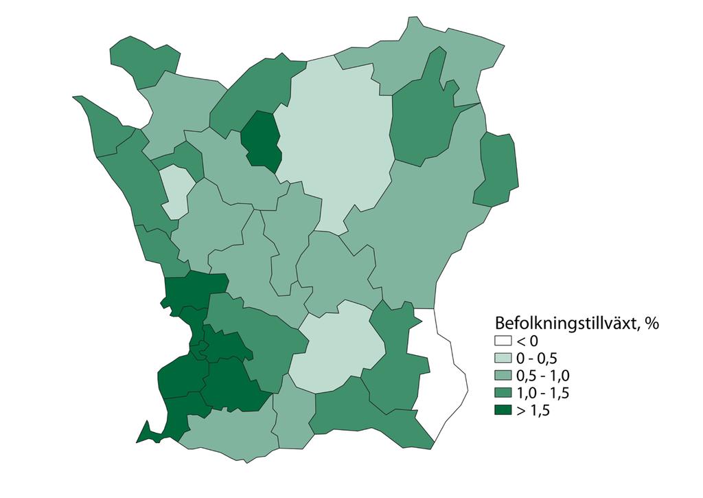 Figur 3. Den snabbast växande delen av Skåne. Diagrammet visar hur snabbt Skånes kommuner växte under 2018. Desto mörkare färg, desto snabbare tillväxt.