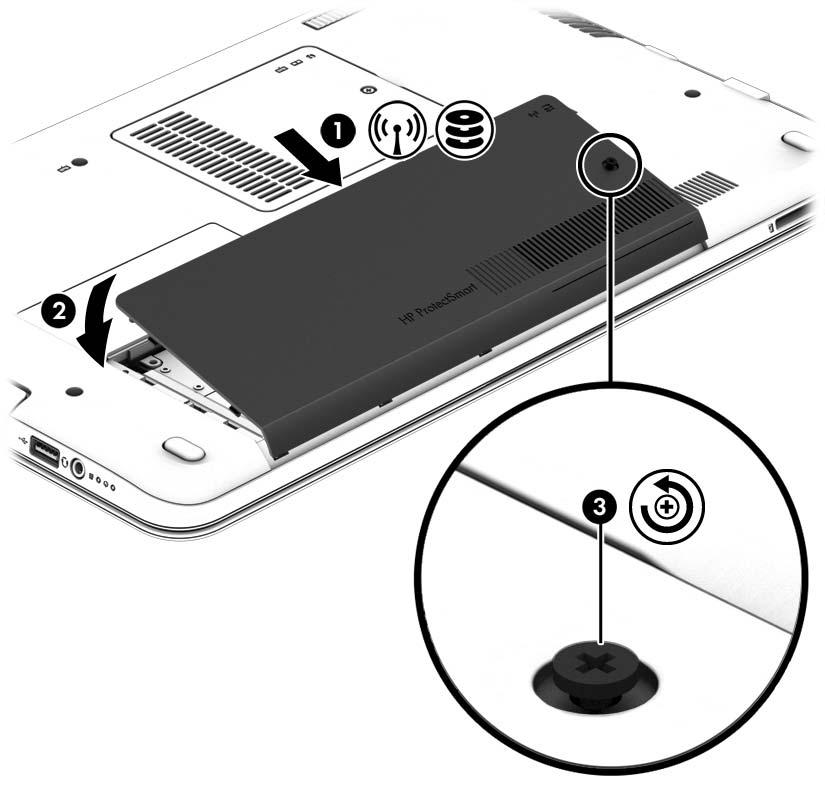 3. Sätt i och dra åt skruven (3). 4. Sätt i batteriet (se Sätta i eller ta ut batteriet på sidan 34).