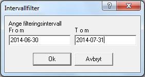 Nedanstående dialogruta visas, ange datumintervall och klicka på OK. Resultatet blir följande.