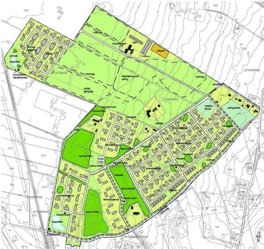 Planbeskrivnin Antaandehandlin Detaljplan för Stafsine 3:6 m fl Hästby Fornlämninsområde Yttre Inre Rad/kedjehus Yttre Flerbostads hus Illustration över planområdet och de olika bebyelsetyperna.