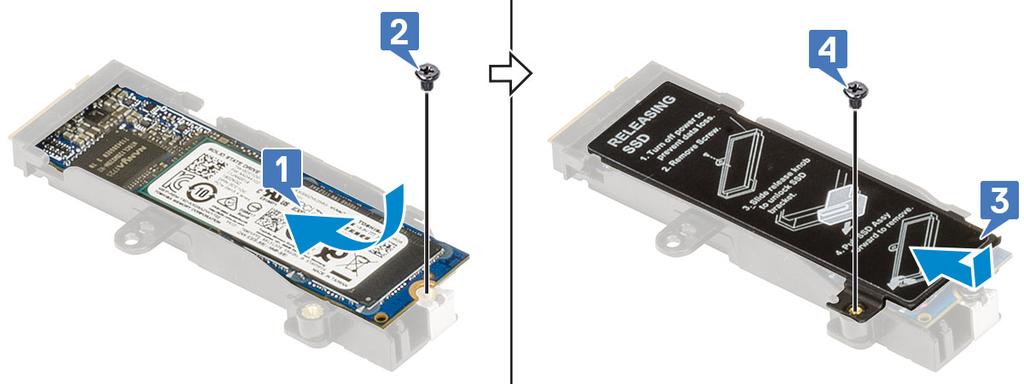 7 För att installera M.2 SSD-modulen (plats 4): a Placera M.2 SSD i spåret i SSD-hållaren [1]. b Spänn fast den enda (M2.0x3.0) skruven som håller fast M.2 SSD SSD-hållaren [2].