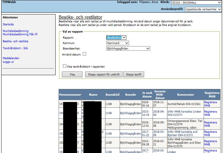 Eller välja Restlista för att se vilka personer i ett boende som ännu inte fått en munhälsobedömning.