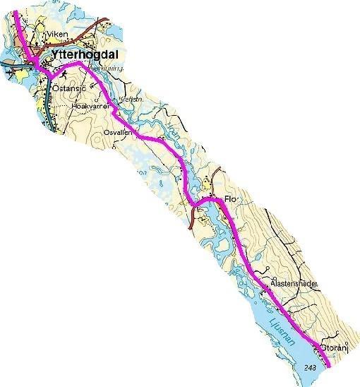 Huskölen Flor Ytterhogdal 22 km Leden fortsätter längs vägen mot Storån och Flor. Efter ca 10 km vandring kommer man till Storån.