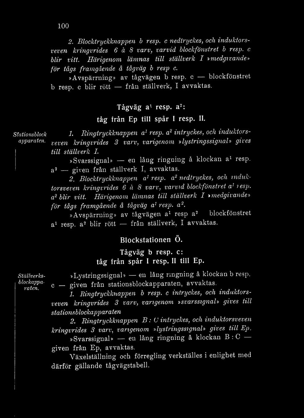 a2: tåg från Ep till spår I resp. II. Sfåtinsblck apparaten. 1. Ring tryckknappen a1 resp. a2 intryckes, ch induktrs- veven kringvrides 3 varv, varigenm»lystring ssignal» gives till ställverk I.