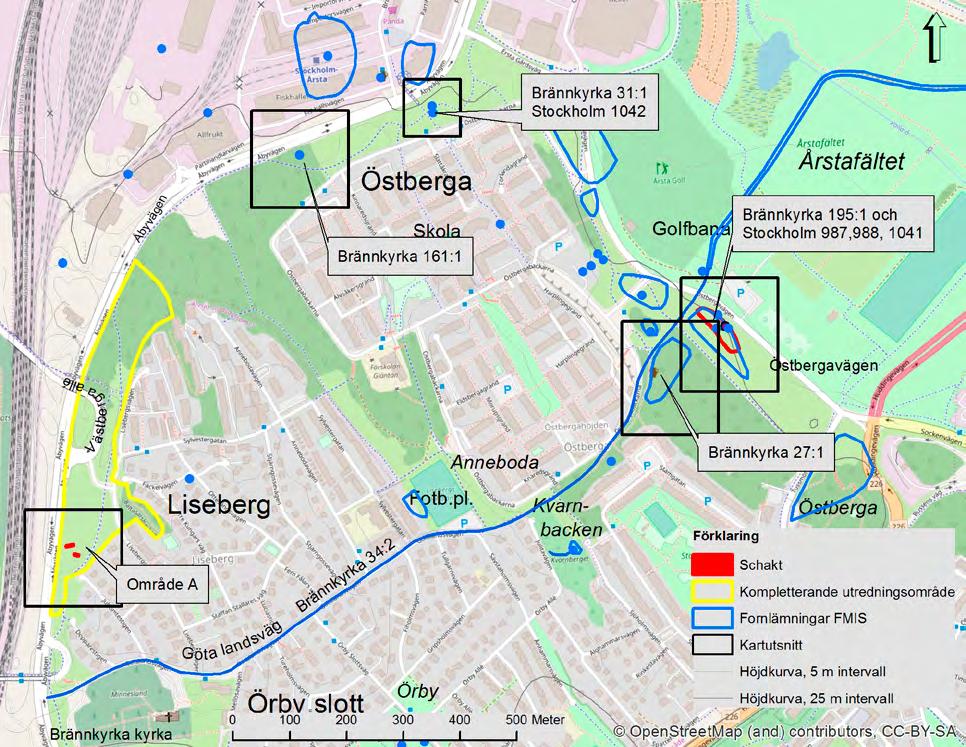 Kompletterande arkeologisk utredning Figur 2. Utdrag ur open street map med nämnda fornlämningar och objekt markerade. Skala 1:10 000.