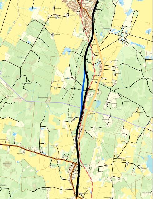 3. Den planerade vägen 3.1. Val av lokalisering Inom vägplanearbetet har olika lokaliseringar av vägens placering inom den givna korridoren mellan Bjärlöv och Hanaskog studerats.