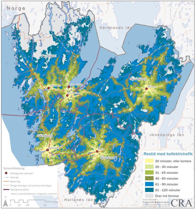 21 1.4 Andelen invånare med mindre än 45 min med kollektivtrafik till sin delregionala huvudort Om kollektivtrafiken ska kunna vara ett konkurrenskraftigt alternativ till bilen, som idag är det