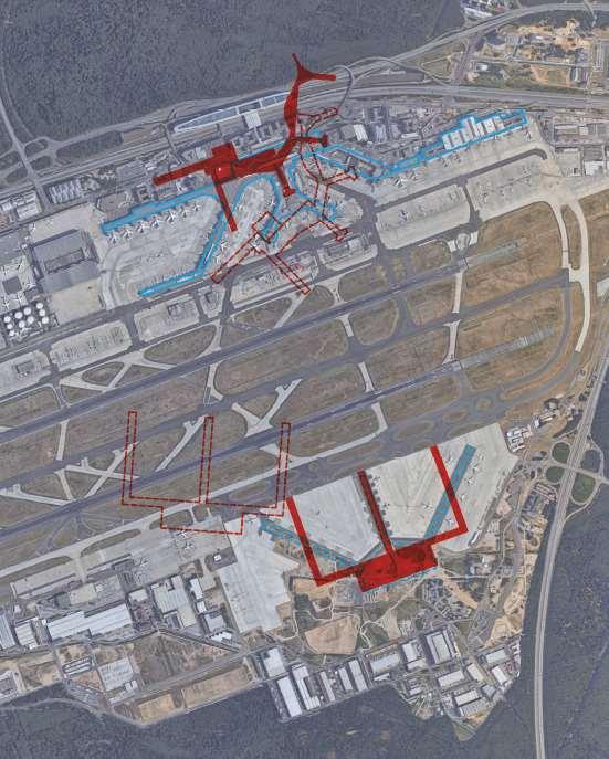 överbryggas med APM, transferbuss och/eller gångband Nya