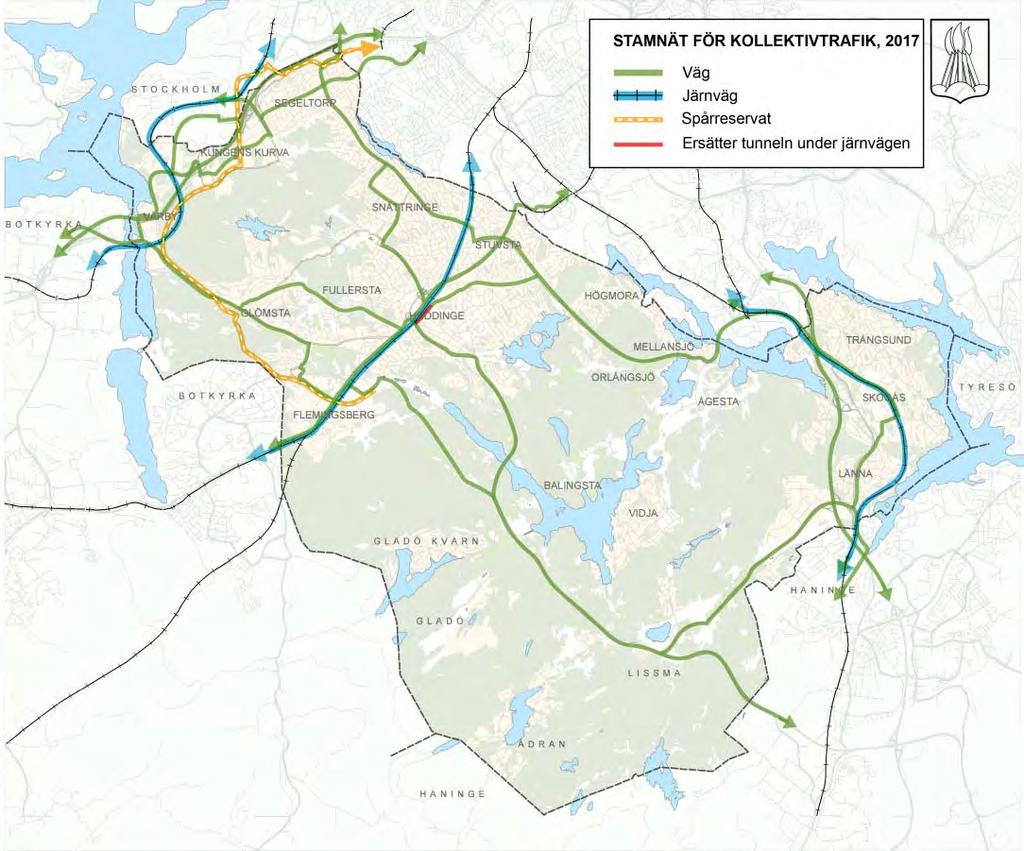AKTUALITETSPRÖVNING AV HUDDINGES ÖVERSIKTSPLAN 2030 41 Se kartbild nedan för reviderat stamnät. Karta 3: Reviderat stamnät för kollektivtrafik, röda cirklar där förändringar skett.