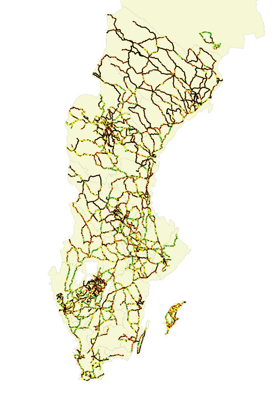 Resultat Sammanlagt har 67 000 km av det svenska vägnätet undersökts. Fokus har legat på Europa- riks- och primära länsvägar (med nummer upp till 499) där en god kvalitet förväntas.