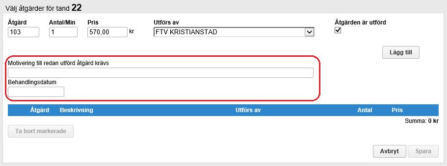 12 (35) e. Delegering. Detta används för att ange om en åtgärd ska utföras vid annan (specialist)tandvårdsenhet än den egna.