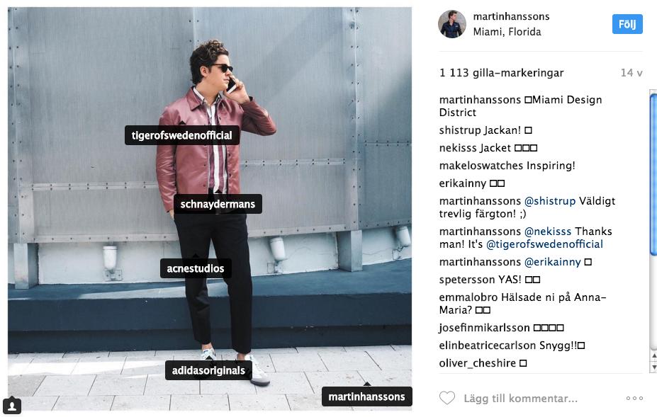 Under the Influence VT 2017 4.1.5. Undersökning av Martin Hanssons Instagram Martin Hansson är moderedaktör på herrmodemagasinet Café och har ett följarantal på 48 300 Instagramanvändare.