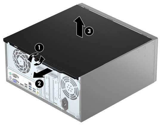 Ta bort datorns åtkomstpanel För att nå de inre komponenterna måste du ta bort åtkomstpanelen: 1. Ta bort eller skruva loss säkerhetsenheter som hindrar datorn från att öppnas. 2.