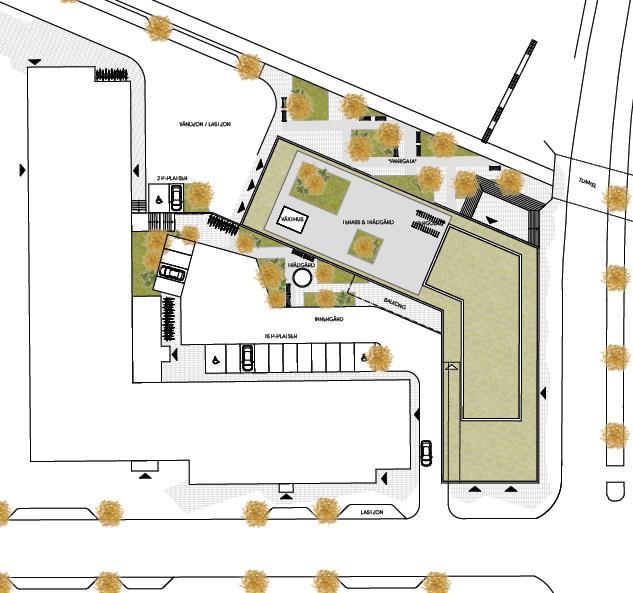 5 (5) Illustration markanvändning vårdcentral och äldreboende Närmast Bollmoravägen byggs ett äldreboende i fem våningar plus en indragen takvåning som en sjätte våning.