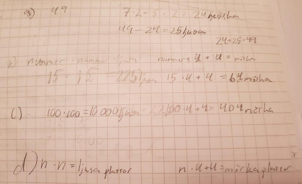 multiplicerat fem gånger två. Sen adderar han svaren och får fram hur många mörka det är i figur 5 av Stenplattorna.