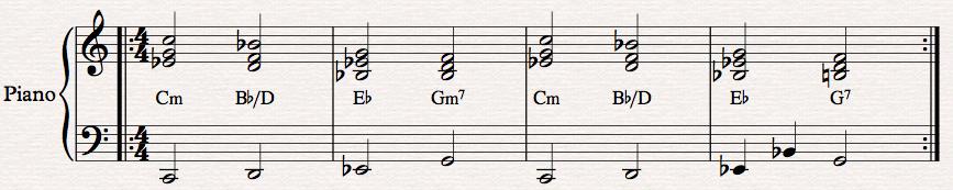 förhållandet mellan bas och melodi. Melodin bygger på en mycket simpel basgång. Om man skulle lägga mer konventionella ackord över den skulle det låta som en vanlig poplåt.